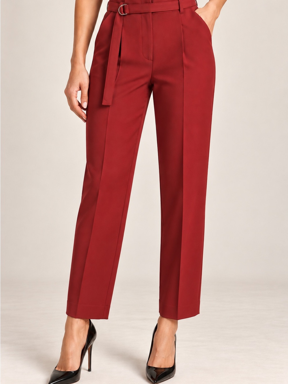 High-Rise Belted Straight Trousers in Deep Red